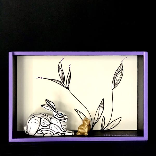 Rabbit with frog in lilac wood box