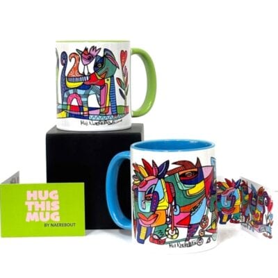 HUG THIS MUG, 2 mugs in blue & green