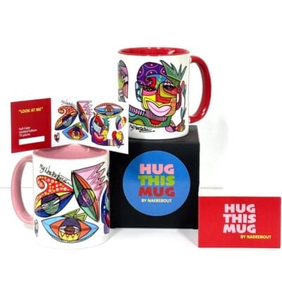HUG THIS MUG, 2 mugs in red & pink