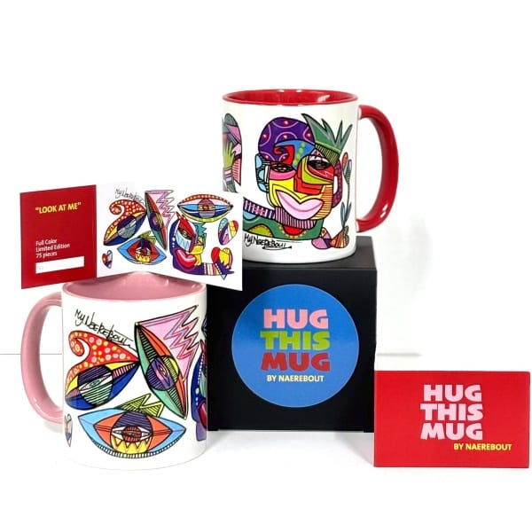 HUG THIS MUG, 2 mugs in red & pink