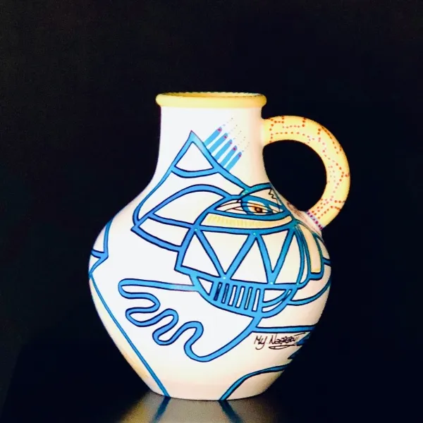 Vase in white, blue & yellow  30 cm (017) - Afbeelding 3