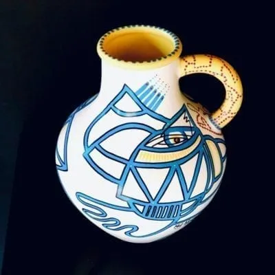 Vase in white, blue & yellow  30 cm (017)