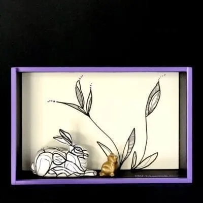 Rabbit with frog in lilac wood box