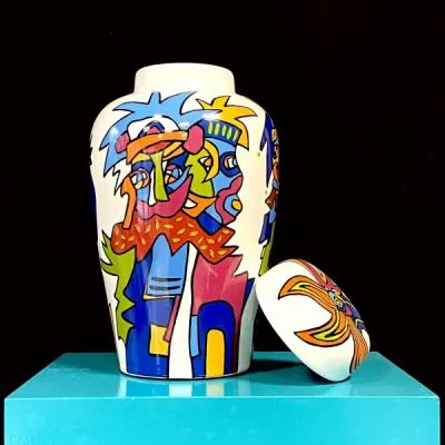 Ceramic vase with lid, multi colour